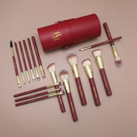 16 Professional Vegan Matte Wood Handle Red&Gold Makeup Brushes Set and 2 Makeup Sponges
