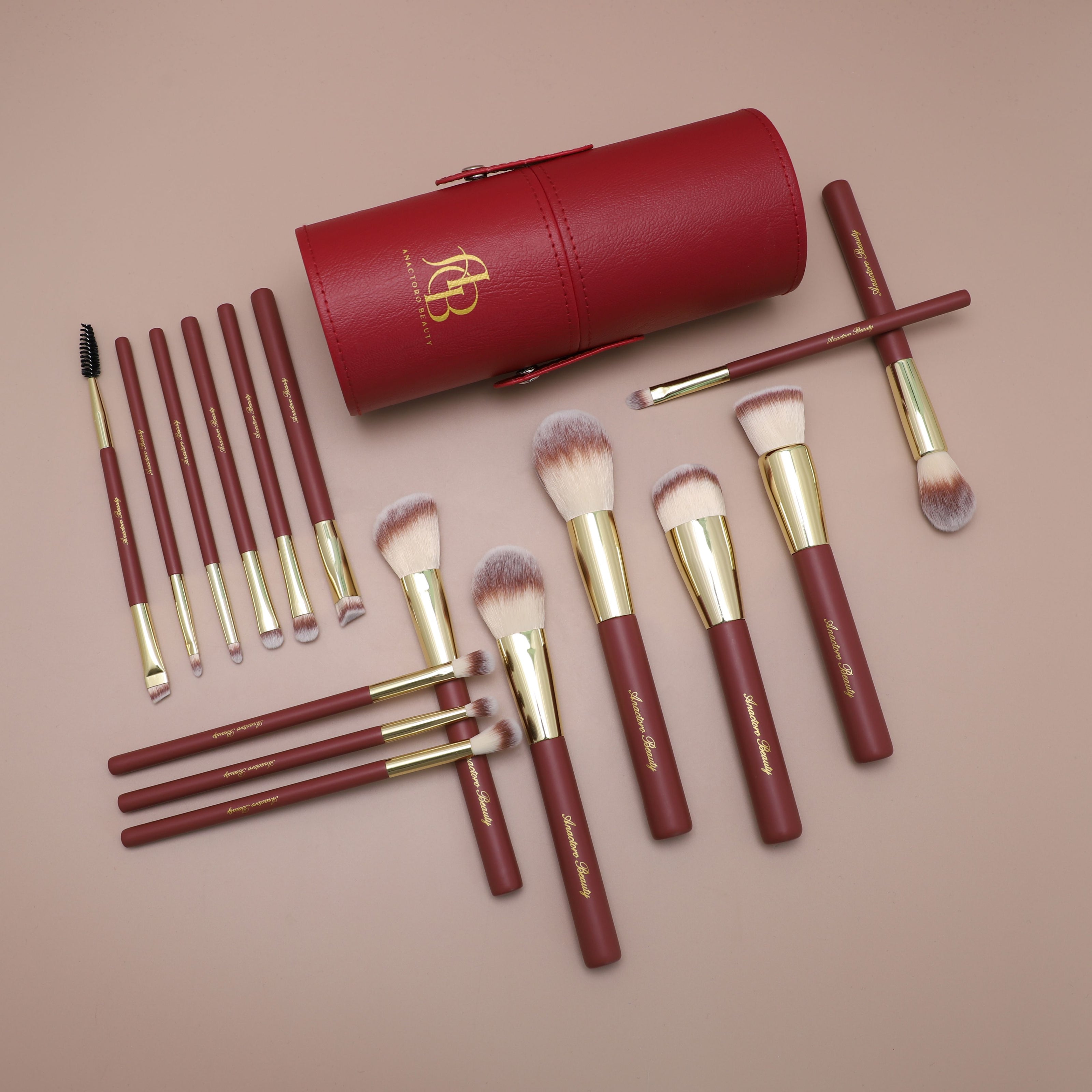 16 Professional Vegan Matte Wood Handle Red&Gold Makeup Brushes Set and 2 Makeup Sponges
