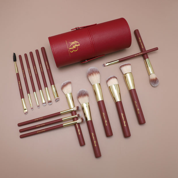 16 Professional Vegan Matte Wood Handle Red&Gold Makeup Brushes Set and 2 Makeup Sponges