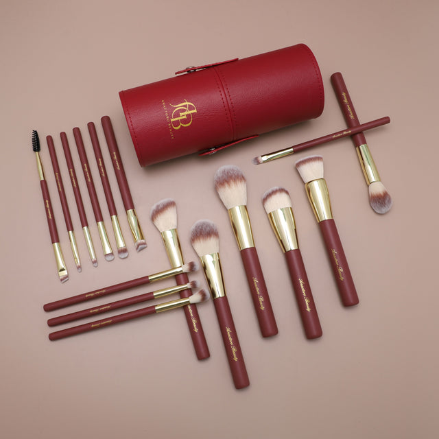 16 Professional Vegan Matte Wood Handle Red&Gold Makeup Brushes Set and 2 Makeup Sponges