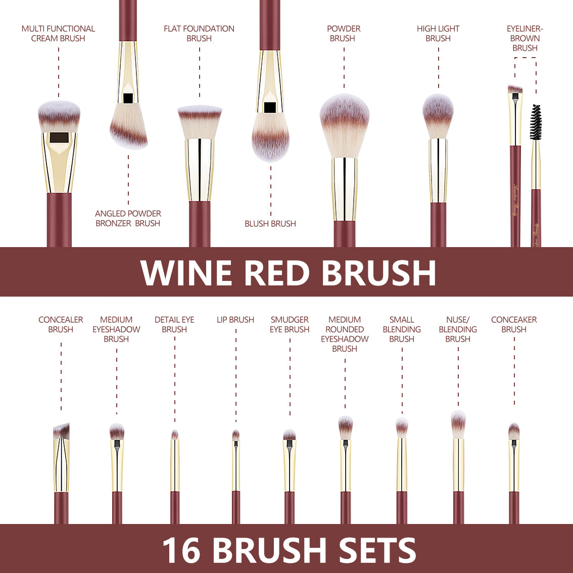 16 Professional Vegan Matte Wood Handle Red&Gold Makeup Brushes Set and 2 Makeup Sponges