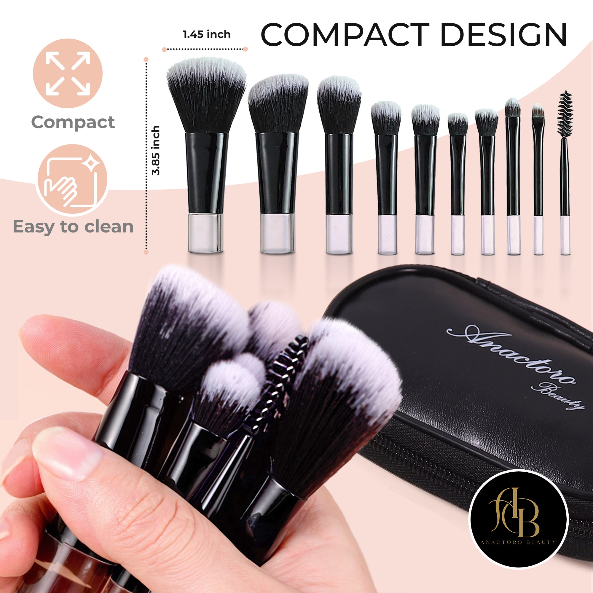 Travel Makeup Brushes Set, Portable 10 Mini Brushes - Foundation, Blush, Eyeshadow, Eyeline, Powder, Small Purse size!
