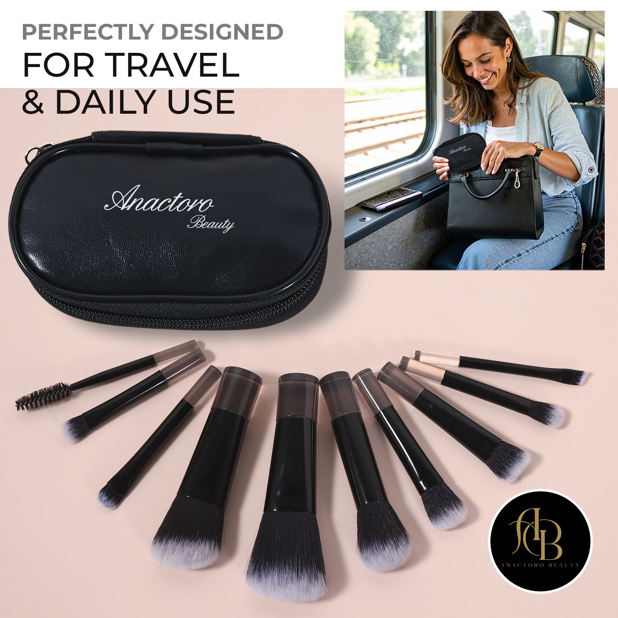 Travel Makeup Brushes Set, Portable 10 Mini Brushes - Foundation, Blush, Eyeshadow, Eyeline, Powder, Small Purse size!