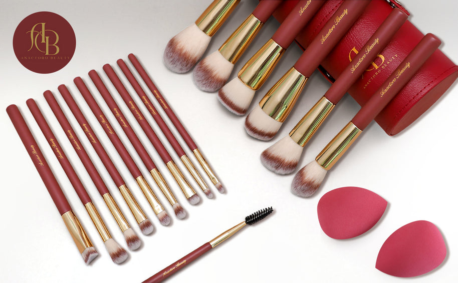 16 Professional Vegan Matte Wood Handle Red&Gold Makeup Brushes Set and 2 Makeup Sponges