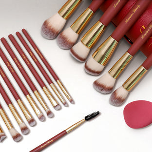 16 Professional Vegan Matte Wood Handle Red&Gold Makeup Brushes Set and 2 Makeup Sponges