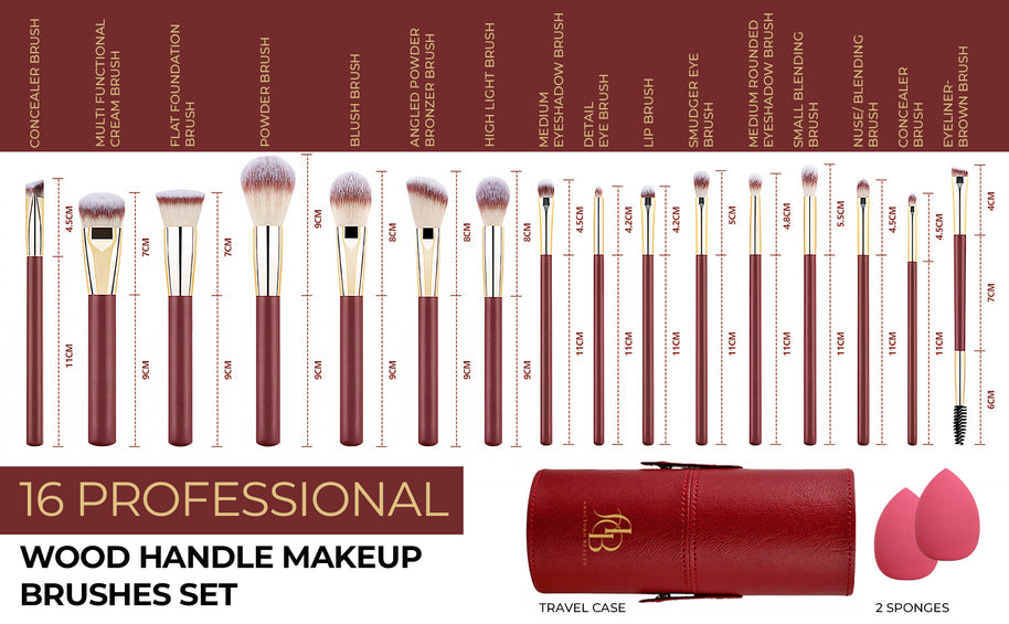 16 Professional Vegan Matte Wood Handle Red&Gold Makeup Brushes Set and 2 Makeup Sponges