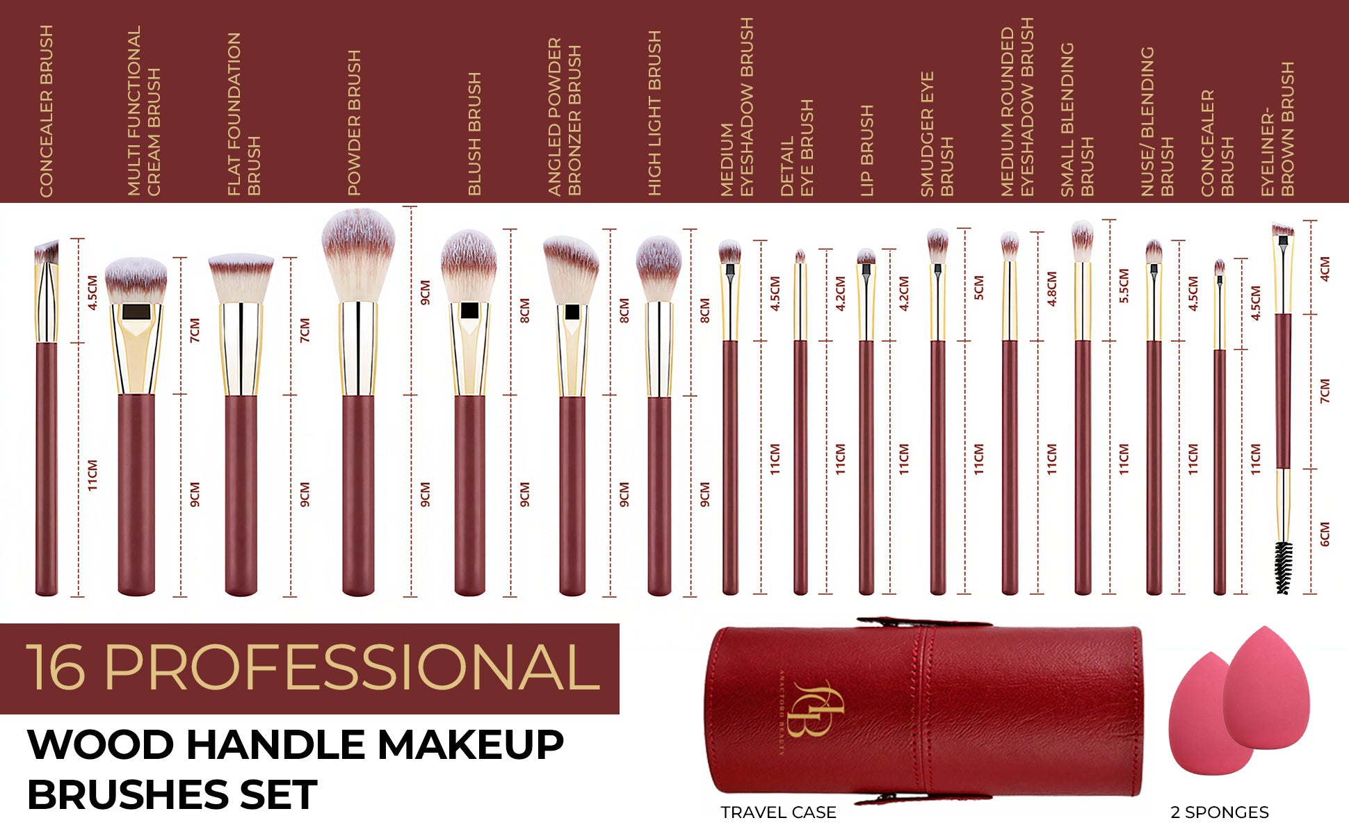 16 Professional Vegan Matte Wood Handle Red&Gold Makeup Brushes Set and 2 Makeup Sponges