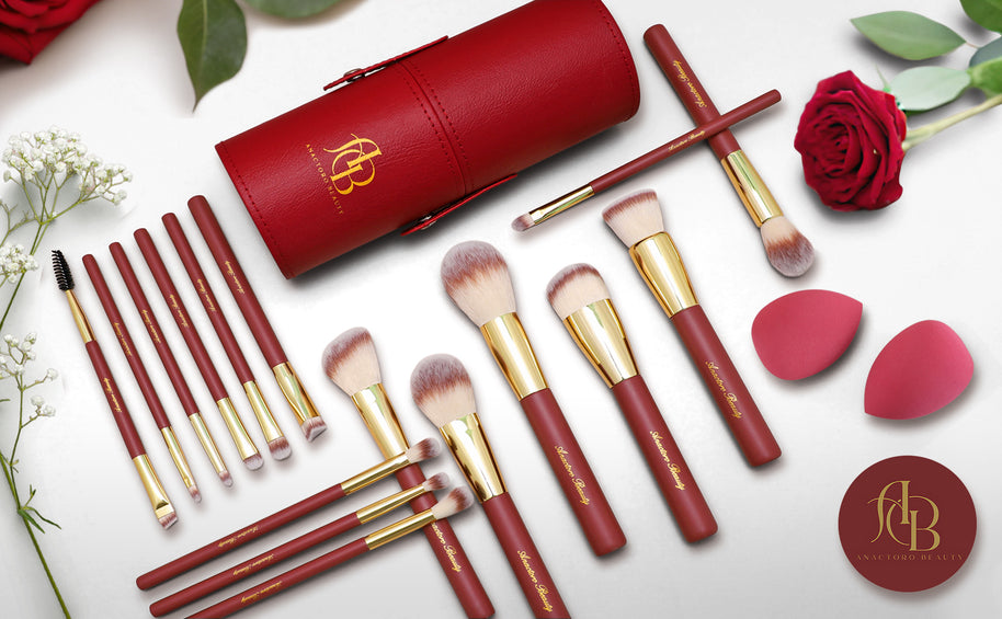 16 Professional Vegan Matte Wood Handle Red&Gold Makeup Brushes Set and 2 Makeup Sponges