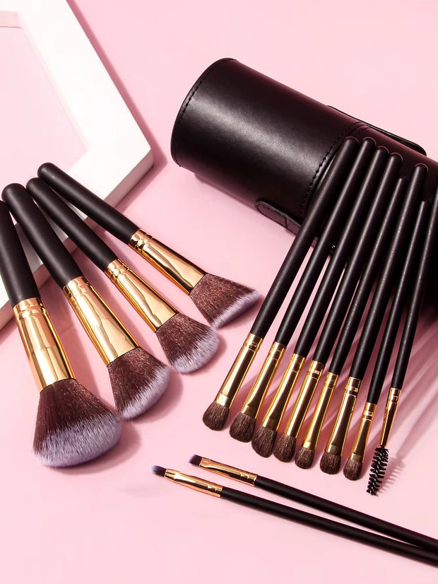 15 pieces Professional Vegan Wood Handle Makeup Brushes Set with storage bucket