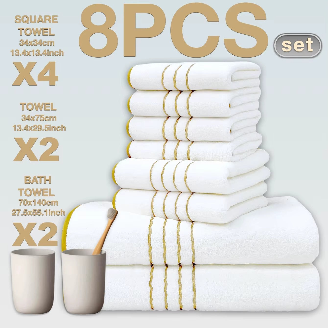 8pcs Luxury Hotel High Quality Cotton Bath Towel Set, Including Soft Absorbent Quick-Drying Set, Suitable for Bathroom.