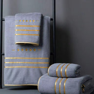 White Polyester Bath Towel with Gold Stripe Design, Soft Absorbent Quick-Dry, 70x140cm & 34x75cm