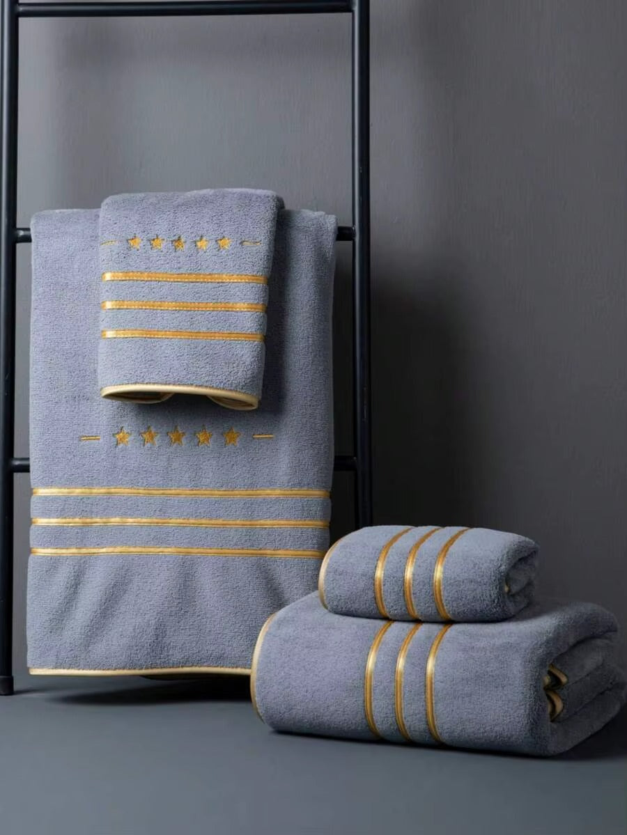 White Polyester Bath Towel with Gold Stripe Design, Soft Absorbent Quick-Dry, 70x140cm & 34x75cm