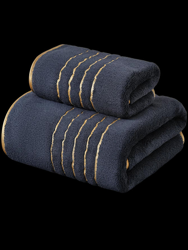White Polyester Bath Towel with Gold Stripe Design, Soft Absorbent Quick-Dry, 70x140cm & 34x75cm