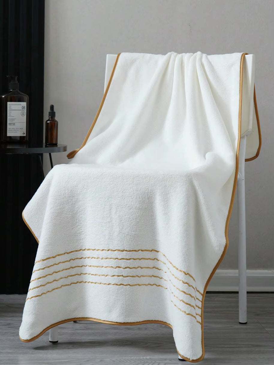 White Polyester Bath Towel with Gold Stripe Design, Soft Absorbent Quick-Dry, 70x140cm & 34x75cm