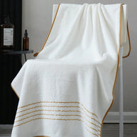 White Polyester Bath Towel with Gold Stripe Design, Soft Absorbent Quick-Dry, 70x140cm & 34x75cm