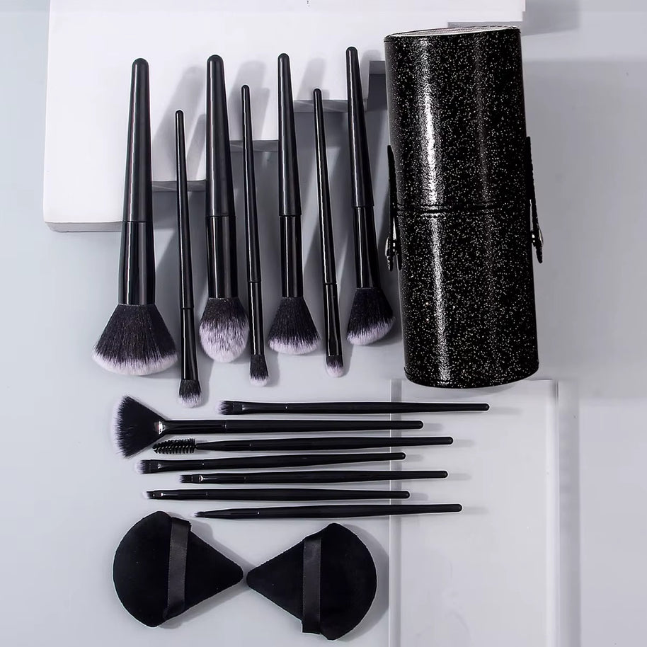 14 pieces of high-quality multi-purpose facial makeup brushes +2 soft triangular powder puffs +1 portable storage bucket