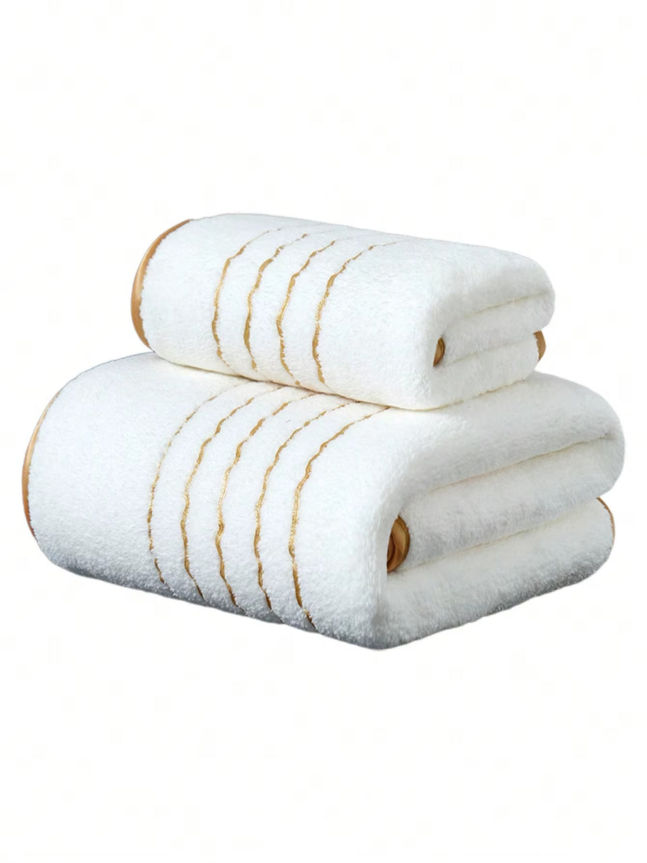 White Polyester Bath Towel with Gold Stripe Design, Soft Absorbent Quick-Dry, 70x140cm & 34x75cm