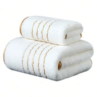 White Polyester Bath Towel with Gold Stripe Design, Soft Absorbent Quick-Dry, 70x140cm & 34x75cm