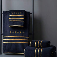 White Polyester Bath Towel with Gold Stripe Design, Soft Absorbent Quick-Dry, 70x140cm & 34x75cm