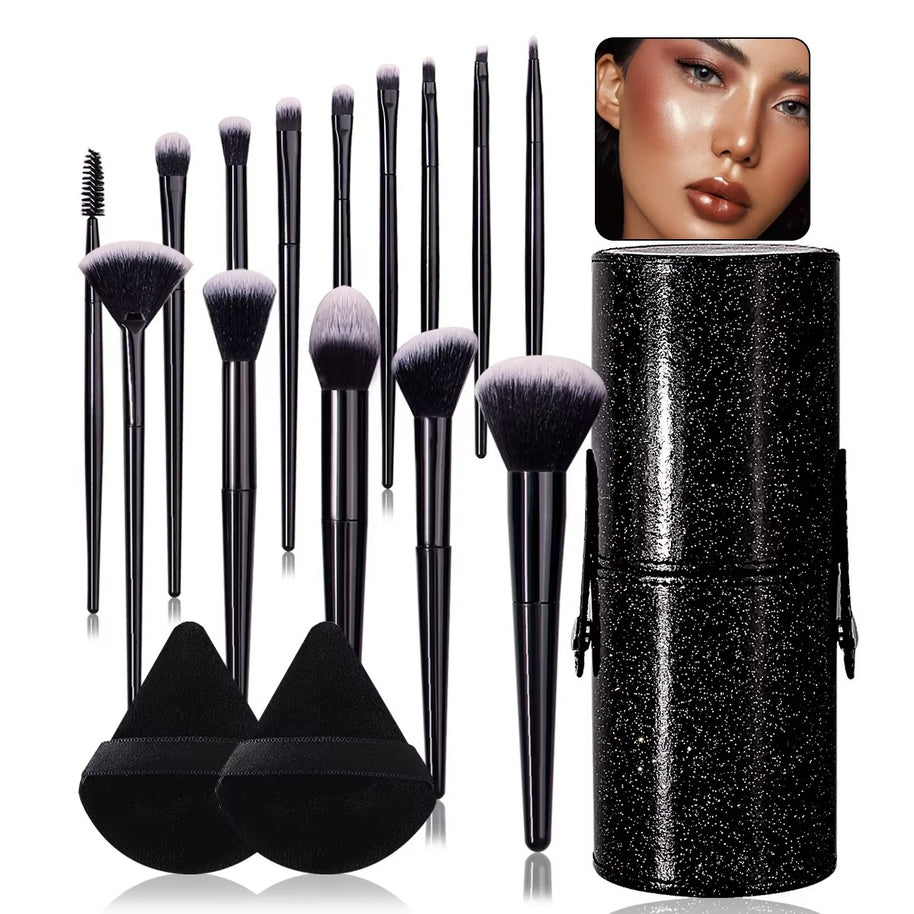 14 pieces of high-quality multi-purpose facial makeup brushes +2 soft triangular powder puffs +1 portable storage bucket