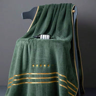 White Polyester Bath Towel with Gold Stripe Design, Soft Absorbent Quick-Dry, 70x140cm & 34x75cm