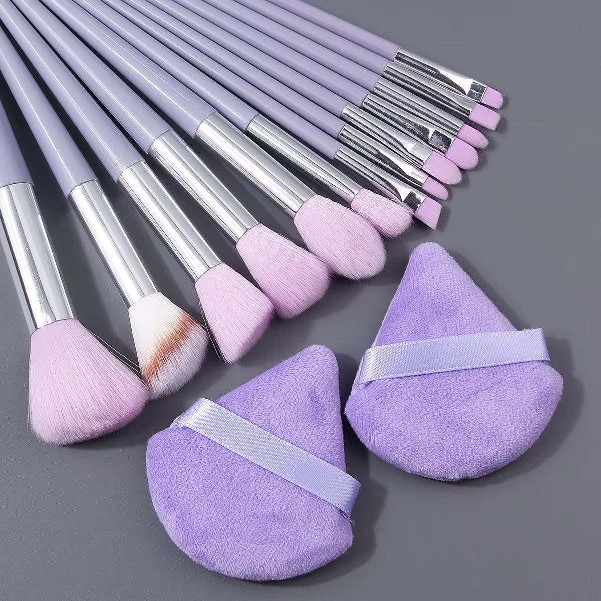13 pieces of purple makeup brush set, multi-functional brush set & 2 soft triangular powder puff & portable storage bucket