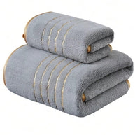 White Polyester Bath Towel with Gold Stripe Design, Soft Absorbent Quick-Dry, 70x140cm & 34x75cm