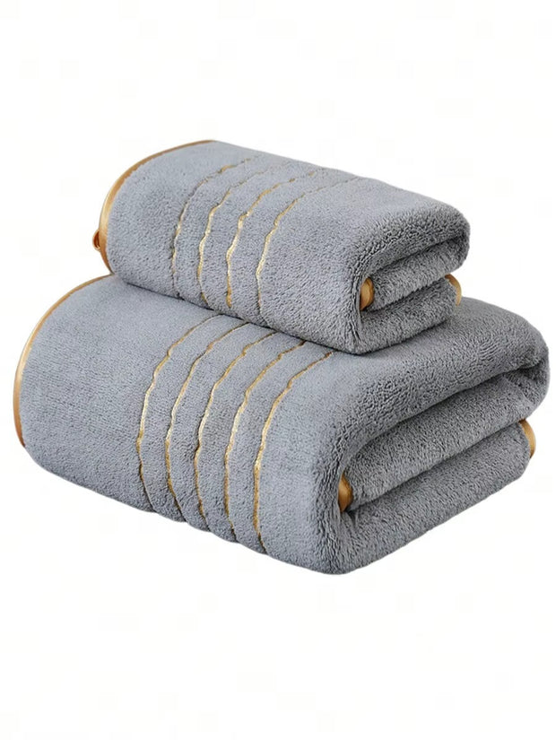 White Polyester Bath Towel with Gold Stripe Design, Soft Absorbent Quick-Dry, 70x140cm & 34x75cm