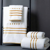 White Polyester Bath Towel with Gold Stripe Design, Soft Absorbent Quick-Dry, 70x140cm & 34x75cm