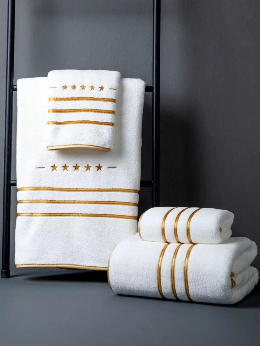White Polyester Bath Towel with Gold Stripe Design, Soft Absorbent Quick-Dry, 70x140cm & 34x75cm