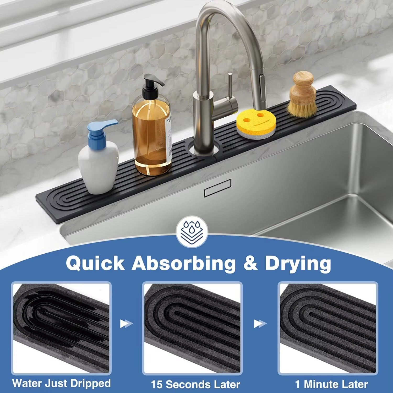 Faucet Mats for Kitchen Sink Water Absorbent Stone Sink Tray Fast Drying Sink Faucet Diatomite Mats for Bathroom Counter