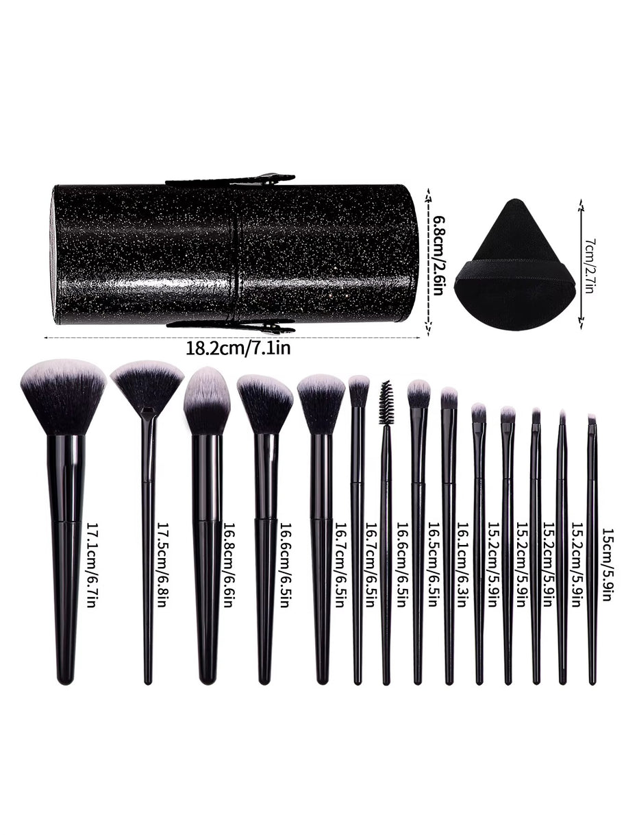 14 pieces of high-quality multi-purpose facial makeup brushes +2 soft triangular powder puffs +1 portable storage bucket