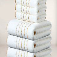 White Polyester Bath Towel with Gold Stripe Design, Soft Absorbent Quick-Dry, 70x140cm & 34x75cm