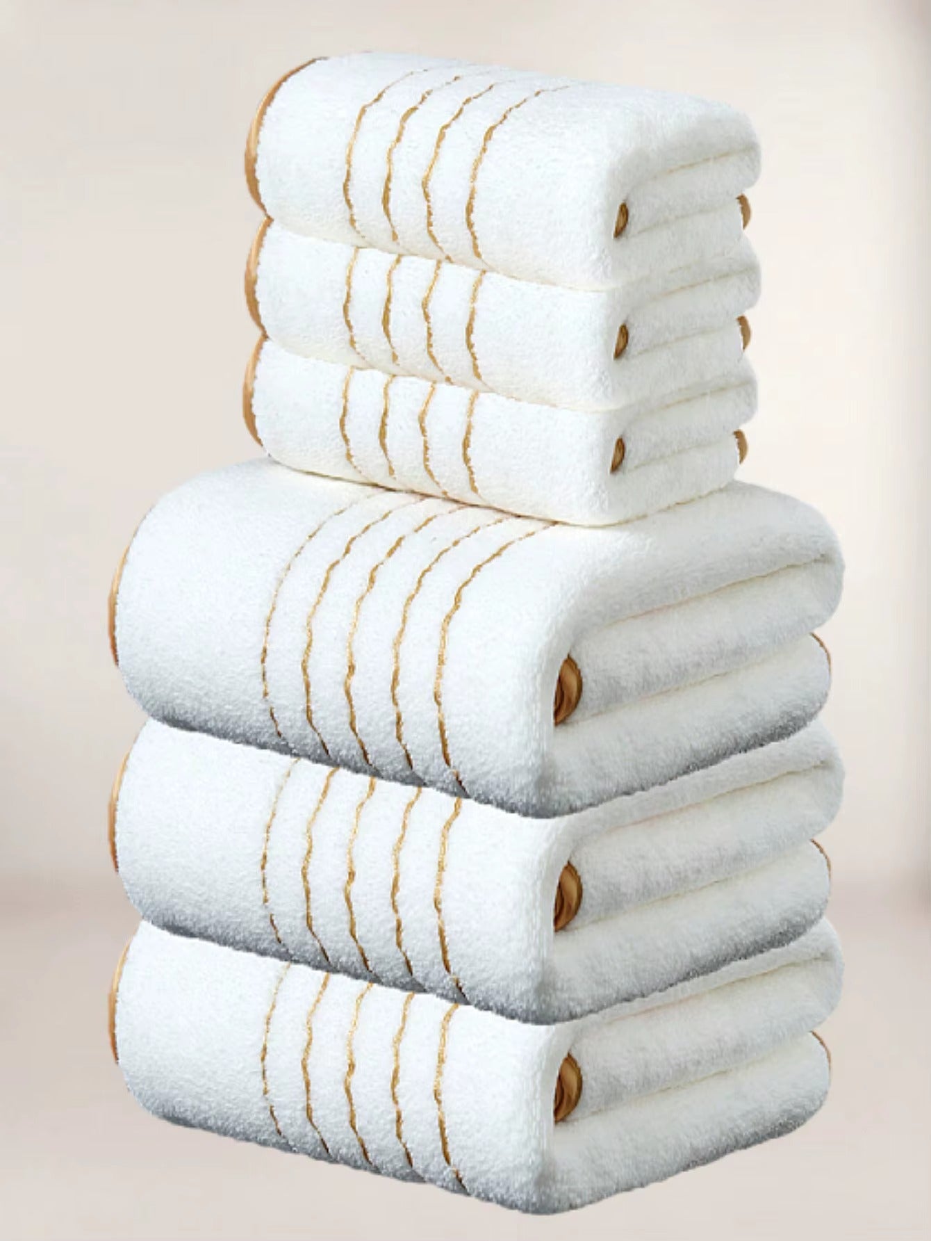 White Polyester Bath Towel with Gold Stripe Design, Soft Absorbent Quick-Dry, 70x140cm & 34x75cm