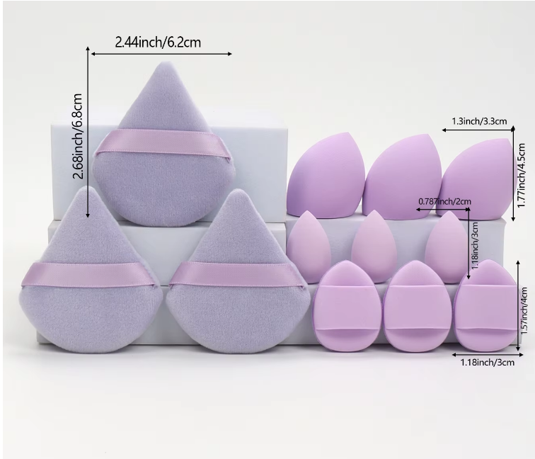 12-Piece All-Purpose Makeup Sponge Set, Made of 3 Loose Powder Puffs, 3 Mini Air Cushion Puffs, 3 Beauty Eggs and 3 Mini Beauty