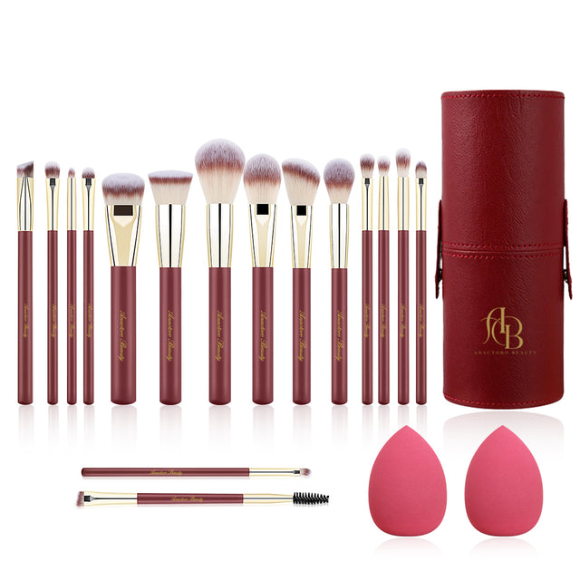 16 Professional Vegan Matte Wood Handle Red&Gold Makeup Brushes Set and 2 Makeup Sponges